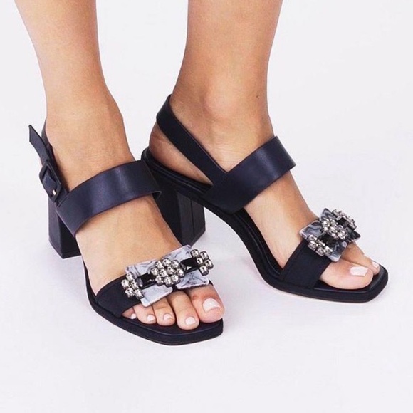 Tory Burch Shoes - Tory Burch Navy Women's Delaney Embellished Leather Block Heel Sandals